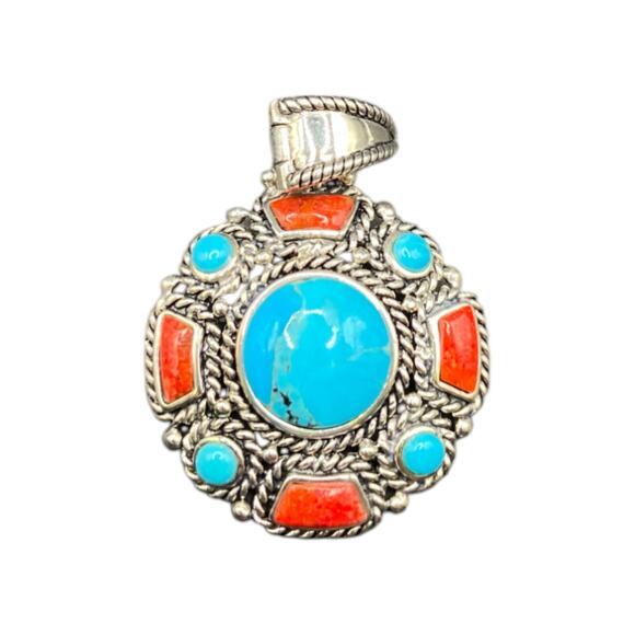 Turquoise Coral Round Charm Pendant Filigree Sterling Silver Crystal NK Thailand - Picture 2 of 8